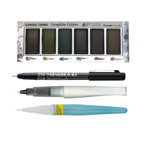 Zig Special Illustration Set GANSAI TAMBI Graphite 6colors Micron Pen 02,BRUSH2O Petit,Wink of Stella Brush Glitter for Manga Drawing Lettering & Calligraphy Professional Artist Quality. Japan