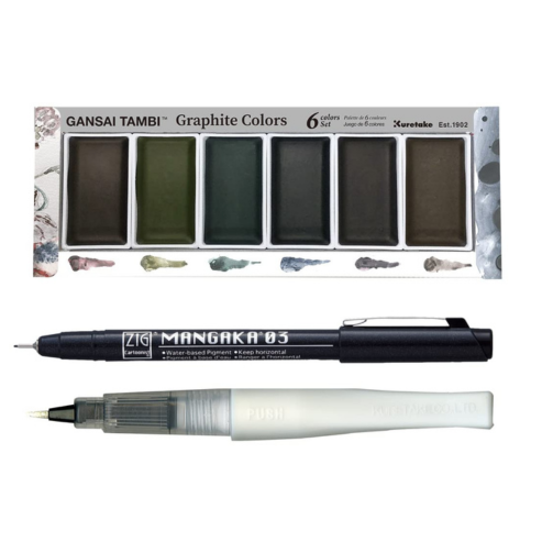 ZIG Special Illustration Set [GANSAI TAMBI Graphite 6 colors set] Micron Pen 03 & Wink of Stella Brush Glitter Clear for Manga Drawing Lettering & Calligraphy Professional Artist Quality Made in Japan