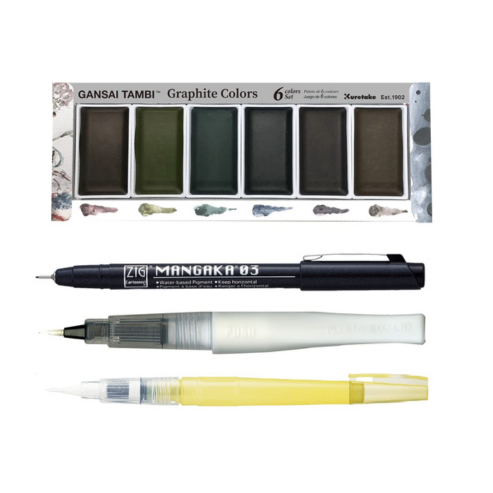 Zig Special Illustration Set GANSAI TAMBI Graphite 6colors Micron Pen 03,BRUSH2O Detailer,Wink of Stella Brush Glitter for Manga Drawing Lettering & Calligraphy Professional Artist Quality. Japan