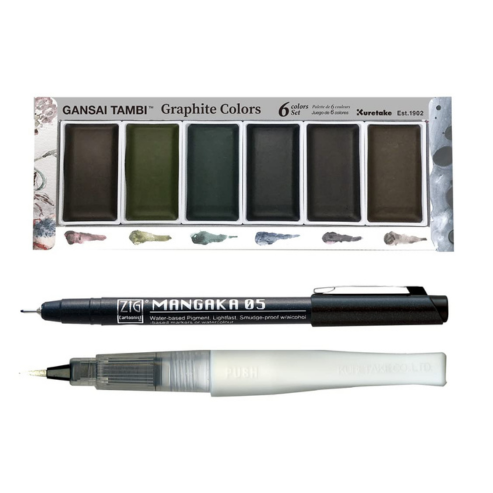 ZIG Special Illustration Set [GANSAI TAMBI Graphite 6 colors set] Micron Pen 05 & Wink of Stella Brush Glitter Clear for Manga Drawing Lettering & Calligraphy Professional Artist Quality Made in Japan