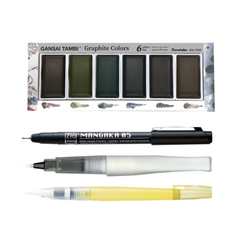 Zig Special Illustration Set GANSAI TAMBI Graphite 6colors Micron Pen 05,BRUSH2O Detailer,Wink of Stella Brush Glitter for Manga Drawing Lettering & Calligraphy Professional Artist Quality. Japan