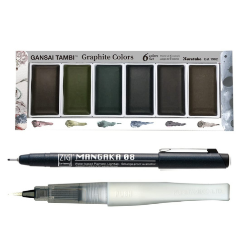 ZIG Special Illustration Set [GANSAI TAMBI Graphite 6 colors set] Micron Pen 08 & Wink of Stella Brush Glitter Clear for Manga Drawing Lettering & Calligraphy Professional Artist Quality Made in Japan