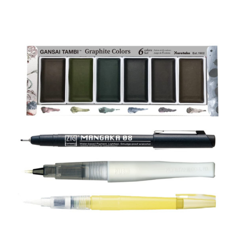 Zig Special Illustration Set GANSAI TAMBI Graphite 6colors Micron Pen 08,BRUSH2O Detailer,Wink of Stella Brush Glitter for Manga Drawing Lettering & Calligraphy Professional Artist Quality. Japan