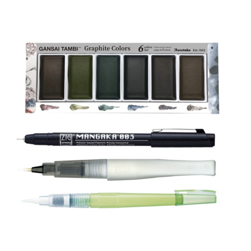 Zig Special Illustration Set GANSAI TAMBI Graphite 6colors Micron Pen 003,BRUSH2O Medium & Wink of Stella Brush Glitter for Manga Drawing Lettering & Calligraphy Professional Artist Quality. Japan