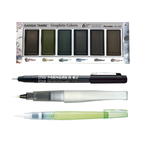 Zig Special Illustration Set GANSAI TAMBI Graphite 6colors Micron Pen 02,BRUSH2O Medium & Wink of Stella Brush Glitter for Manga Drawing Lettering & Calligraphy Professional Artist Quality. Japan