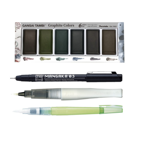 Zig Special Illustration Set GANSAI TAMBI Graphite 6colors Micron Pen 03,BRUSH2O Medium & Wink of Stella Brush Glitter for Manga Drawing Lettering & Calligraphy Professional Artist Quality. Japan