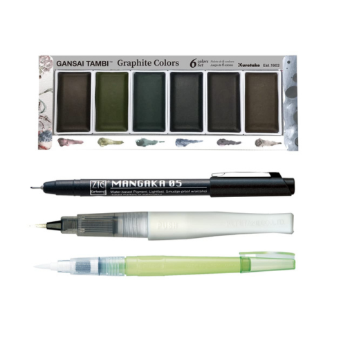Zig Special Illustration Set GANSAI TAMBI Graphite 6colors Micron Pen 05,BRUSH2O Medium & Wink of Stella Brush Glitter for Manga Drawing Lettering & Calligraphy Professional Artist Quality. Japan