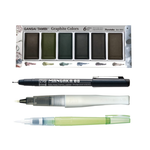 Zig Special Illustration Set GANSAI TAMBI Graphite 6colors Micron Pen 08,BRUSH2O Medium & Wink of Stella Brush Glitter for Manga Drawing Lettering & Calligraphy Professional Artist Quality. Japan