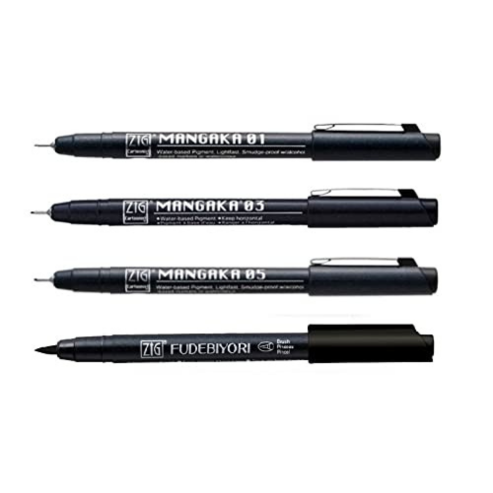 Zig FUDEBIYORI PIGMENT 010 Black & CARTOONIST MANGAKA 01, 03,05 1 Brush Pen and 3 Fineliner Pens 010 BLACK Illustration Special Set Flexible Brush Tip