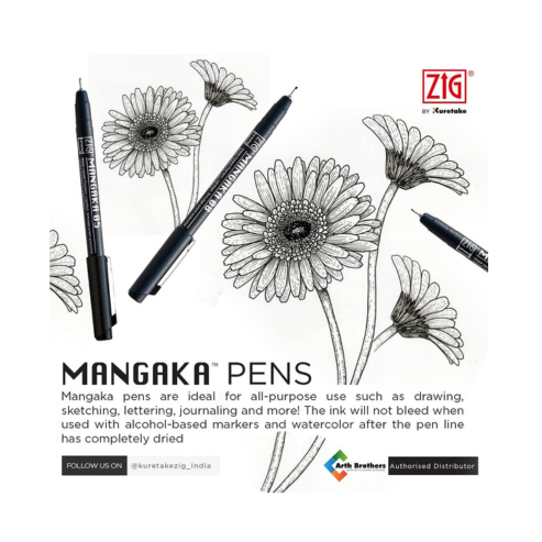Zig FUDEBIYORI PIGMENT 010 Black & CARTOONIST MANGAKA 01, 03,05 1 Brush Pen and 3 Fineliner Pens 010 BLACK Illustration Special Set Flexible Brush Tip