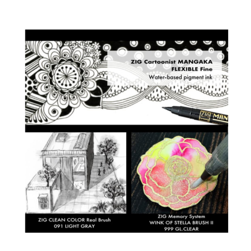 Zig Special Illustration Set Cartoonist Mangaka Flexible Fine, Medium,005 & Wink of Stella Brush Ⅱ Glitter. Clear for Manga Drawing Lettering and Calligraphy Professional Artist Quality Made in Japan