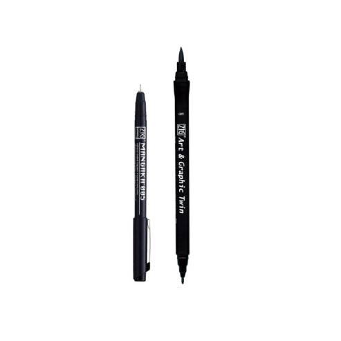 Zig KURETAKE Special Set, Illustration Basic Set 2 Black Markers [CNM-005,TUT-80] for Manga Drawing, Lettering and Calligraphy, Professional Artist Quality