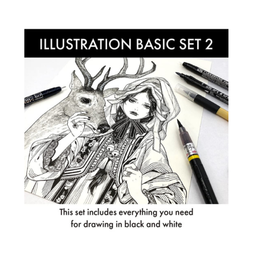 Zig KURETAKE Special Set, Illustration Basic Set 2 Black Markers [CNM-005,TUT-80] for Manga Drawing, Lettering and Calligraphy, Professional Artist Quality