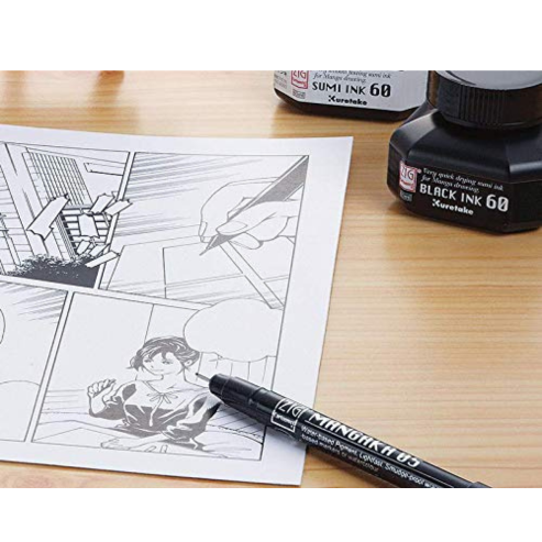 Zig KURETAKE Special Set, Illustration Basic Set 2 Black Markers and 1 White Brush Pen [CBK-55P,CNM-08,BP-24] for Manga Drawing, Lettering and Calligraphy, Professional Artist Quality