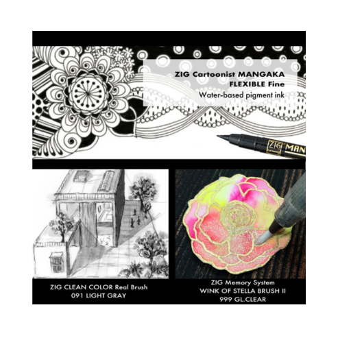 Zig Special Illustration Set Cartoonist Mangaka Flexible Fine, Medium,003 & Wink of Stella Brush Ⅱ Glitter. Clear for Manga Drawing Lettering and Calligraphy Professional Artist Quality Made in Japan