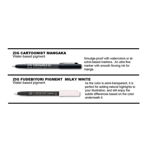 Zig KURETAKE Special Set, Illustration Basic Set 1 Black Markers And 1 White Brush Pen [CNM-003,CBK-55P] for Manga Drawing, Lettering and Calligraphy, Professional Artist Quality.Made in Japan