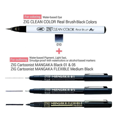 Zig Special Combo Set Clean Color Real Brush Black Color & Mangaka [CNM-003,005] Fineliner Pens Watercolor Pens for Painting,Calligraphy,Brush Lettering for Artists and Beginners.
