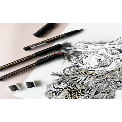 Zig Special Set Posterman Black & Mangaka Fineliner 003,005 Pen for Mandala Sketching Outlining Doodling Calligraphy Journaling Use on Planners Hand-Lettering Card Making especially on Cards.